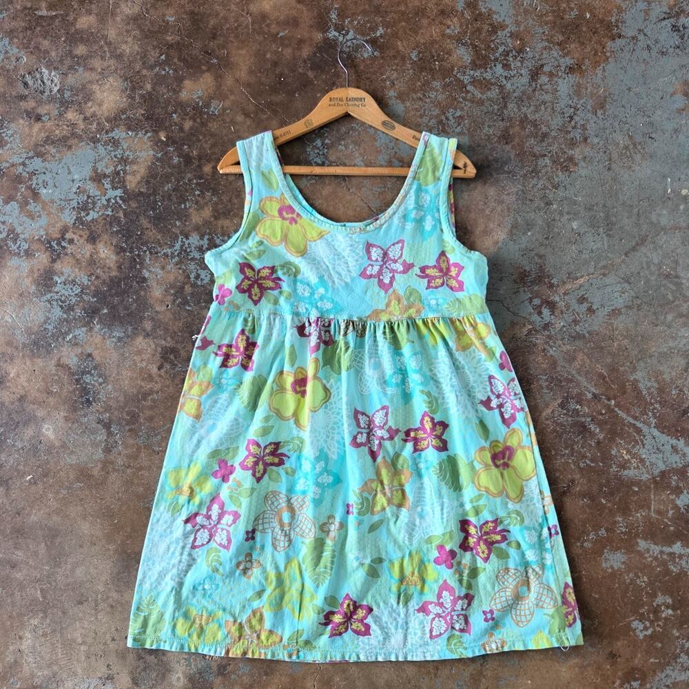 Vintage 90s Hawaiian Floral Print Babydoll Dress Size M Blue Tank Sleeveless